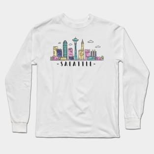 Seattle Washington Grey Skyline Hand Drawn Style Long Sleeve T-Shirt